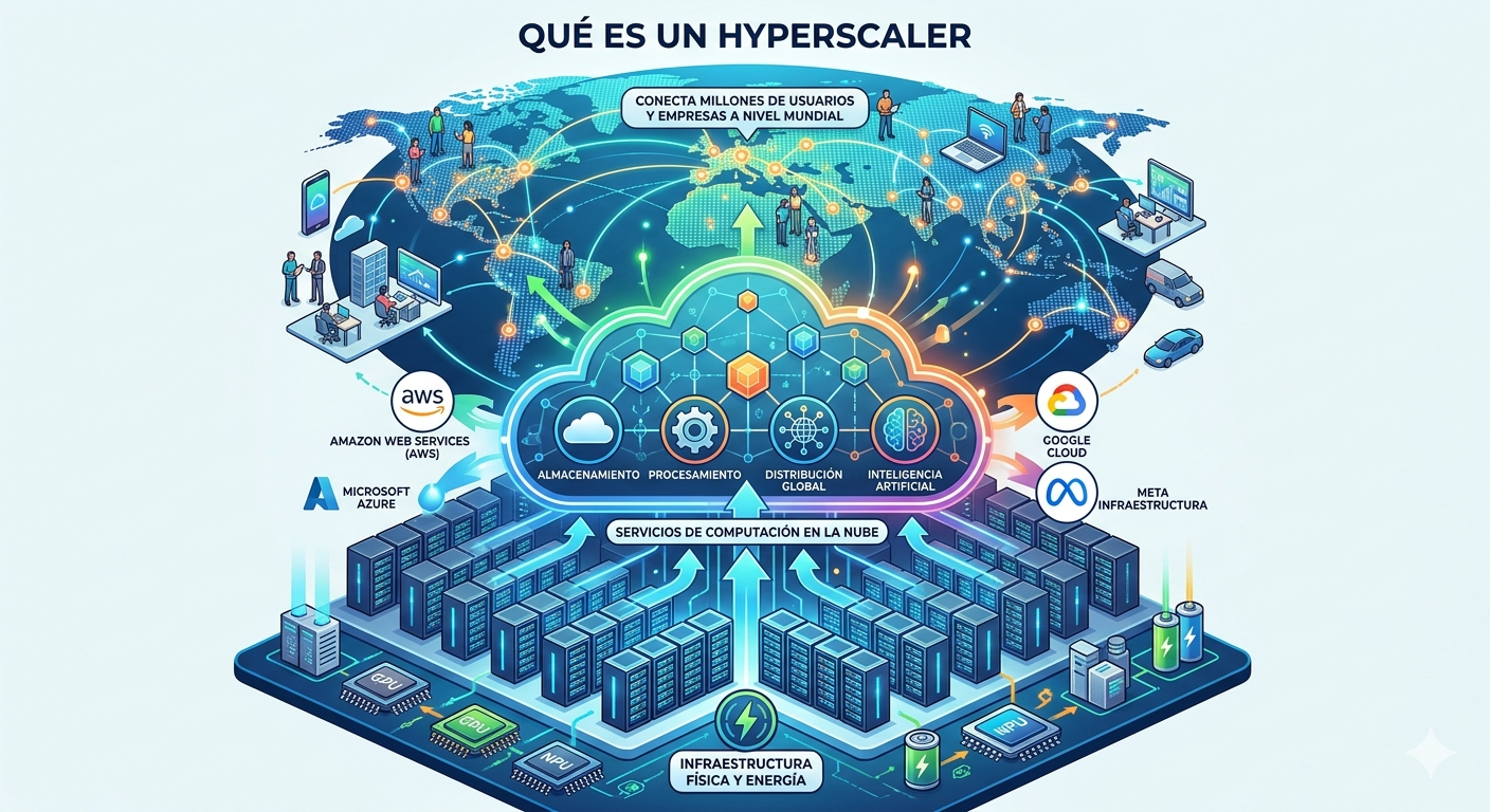 El término hyperscaler hace referencia a aquellas compañías capaces de operar infraestructuras digitales a gran escala, proporcionando servicios de computación en la nube a millones de usuarios y empresas en todo el mundo. Entre los principales actores destacan Amazon Web Services (AWS), Microsoft Azure y Google Cloud, a los que se suma Meta con una infraestructura propia orientada principalmente a sus plataformas.